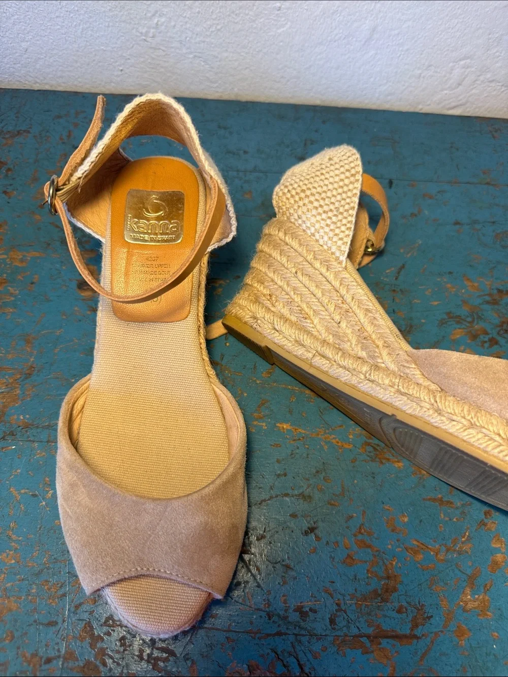 kanna Beige Espadrille Wedge Sandals with Tan Ankle Strap